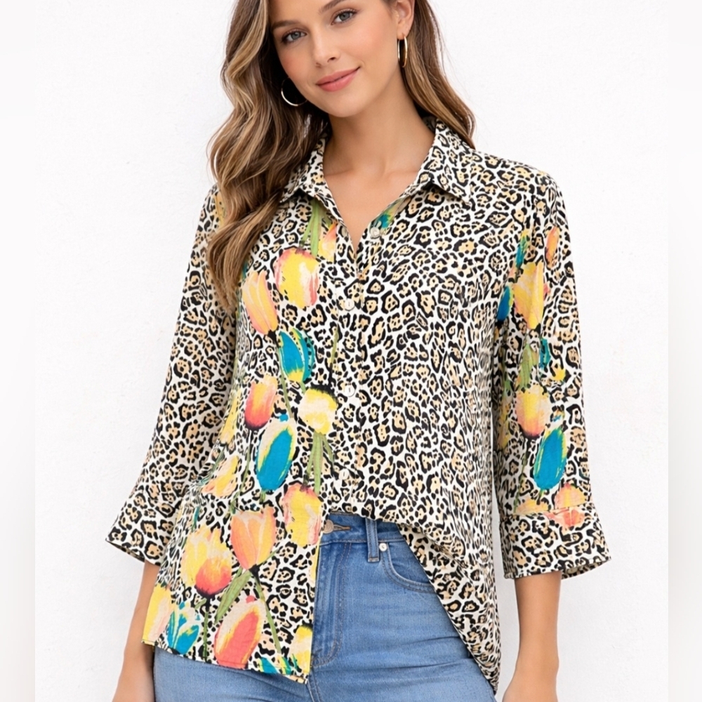 Multiples Women’s Size Large Button Front Tunic Top Leopard Print Floral